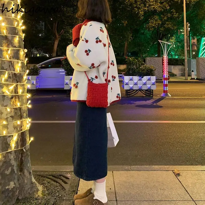 Japanese Sweet Women Jackets Cute Cherry Lamb Wool Coat for Womens Ropa Mujer Oneck Casual Fashion Y2k Tops 251021