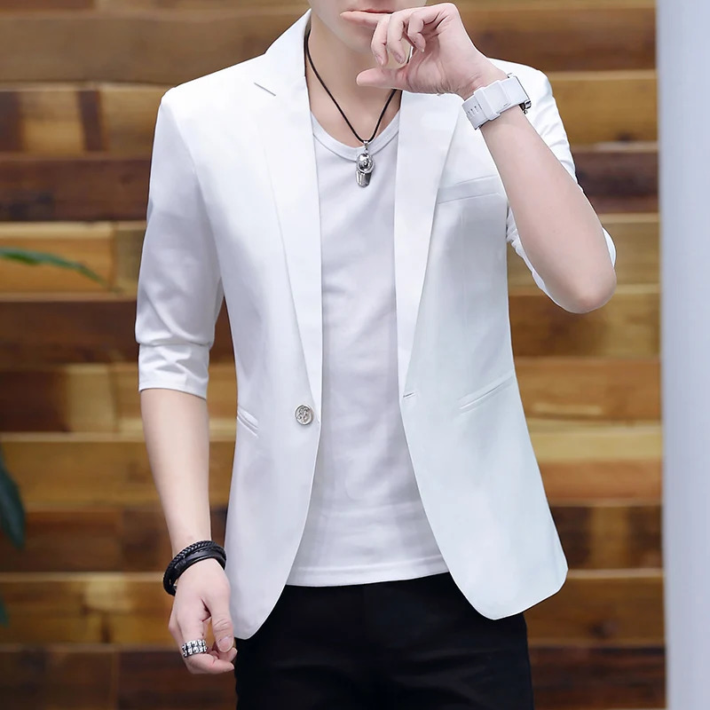 Summer 2025 Mens MidSleeve Slim Fit Suit Korean Style Handsome Youth SevenQuarter Jacket Small Suit Collection 251021