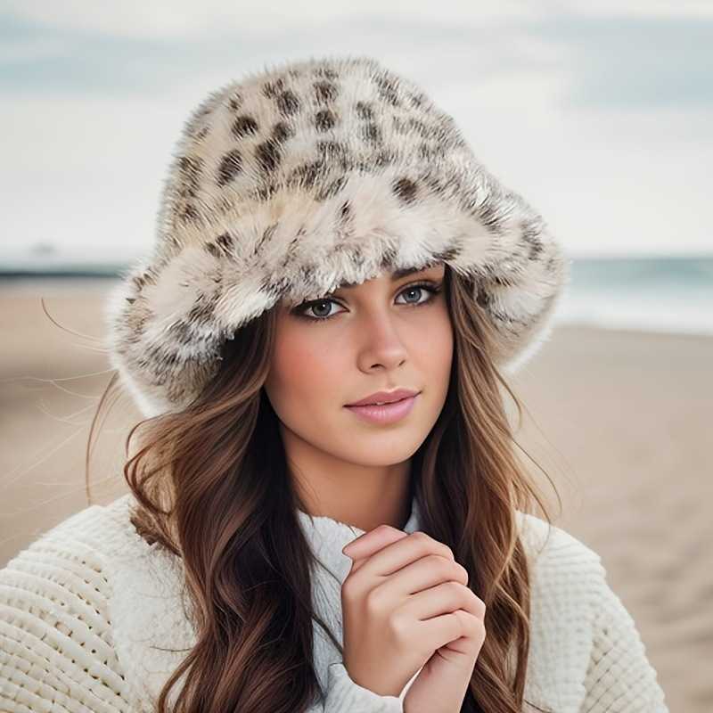 Style Leopard Print Plush Fisherman Hat for Women Autumn and Winter Slimming Niche Fluffy Warm Ear Protection Bucket Hat H251020