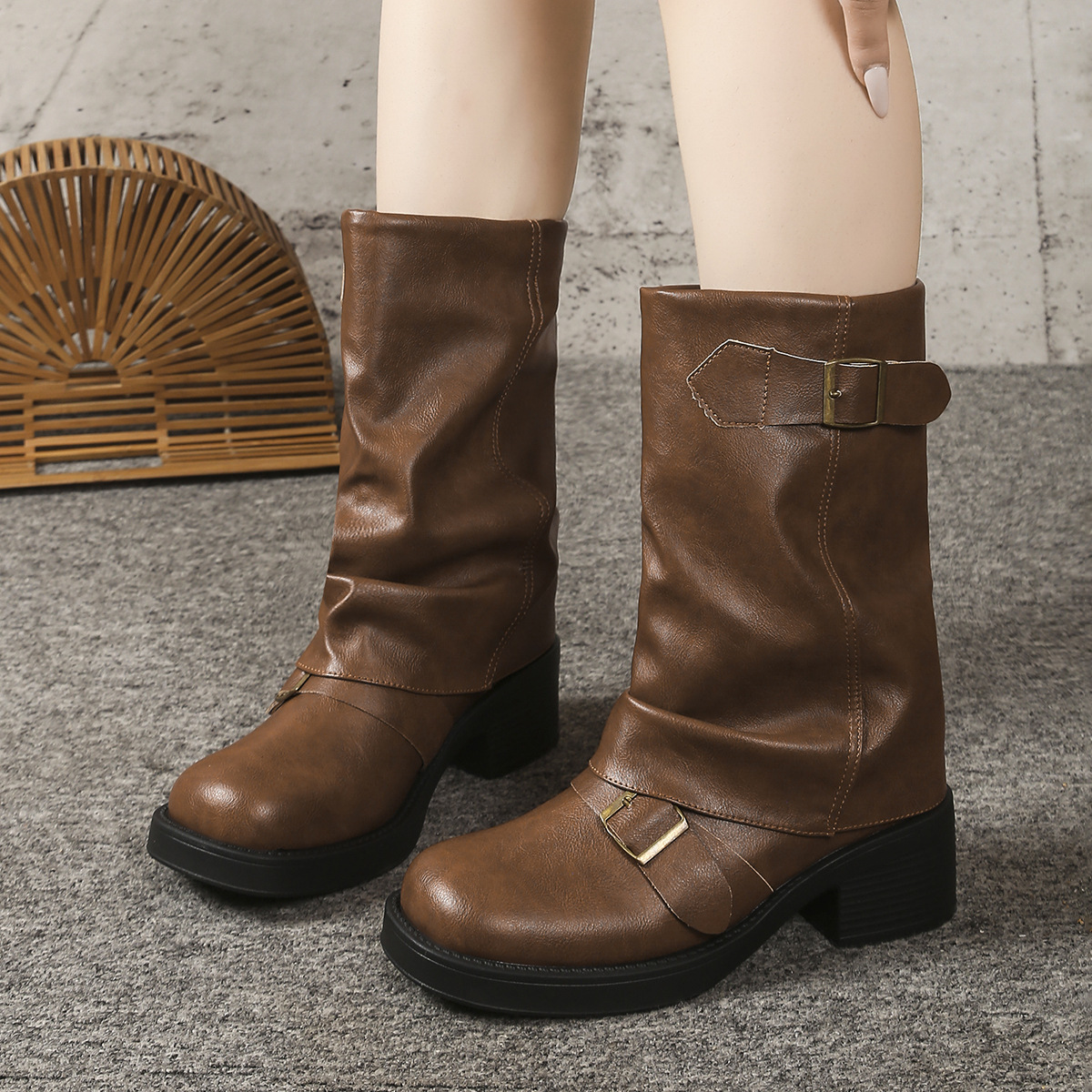 Vintage platform trouser tube western knight boots pleated women's boots mid-leg stack fashion boots