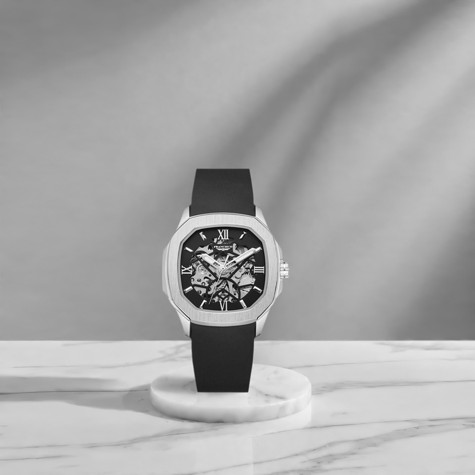 Luxury Gold Mens Skeleton Watch with Automatic Mechanical Movement Luminous Needles 3ATM Waterproof Silicone Strap