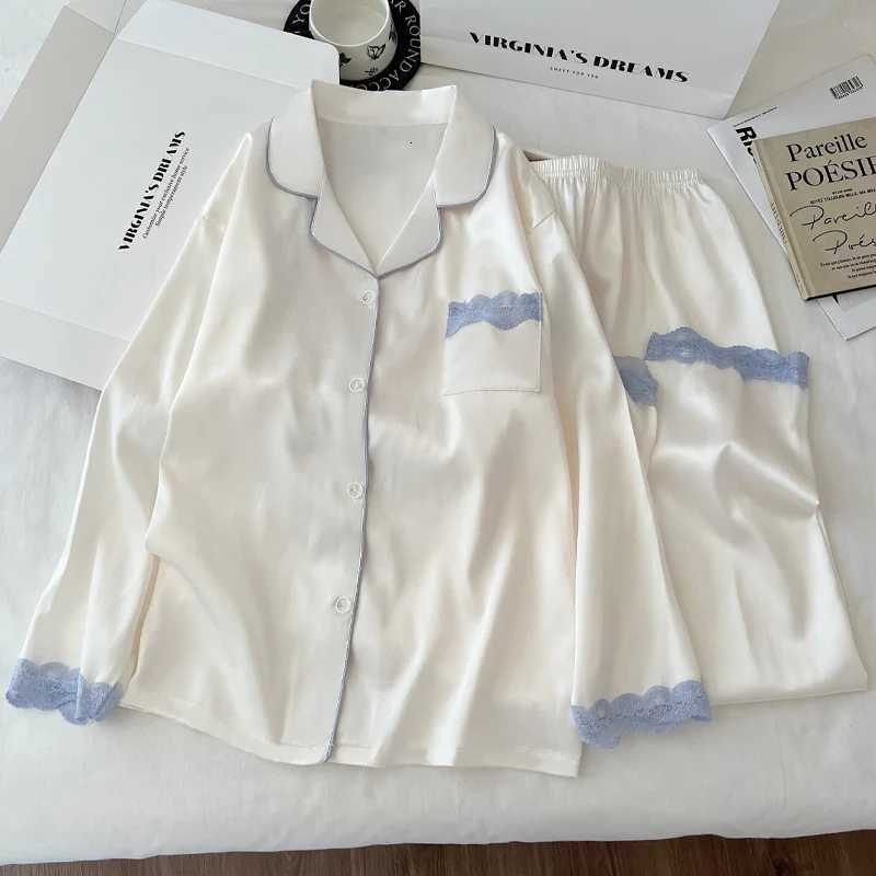 Korean Style Casual Print Womens Pajamas Fun Print Lace Solid Design 2 PC Set Pajamas Autumn Winter New 2025 Loungewear Fashion Y251104