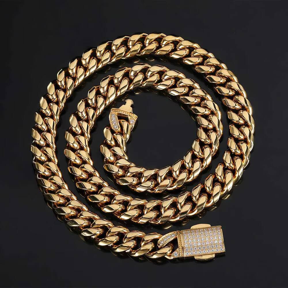 2026 Designer necklace 12mm HipHop Cuban Chain Stainless Steel Miami Cuban Chain 18k Gold Necklace for Men