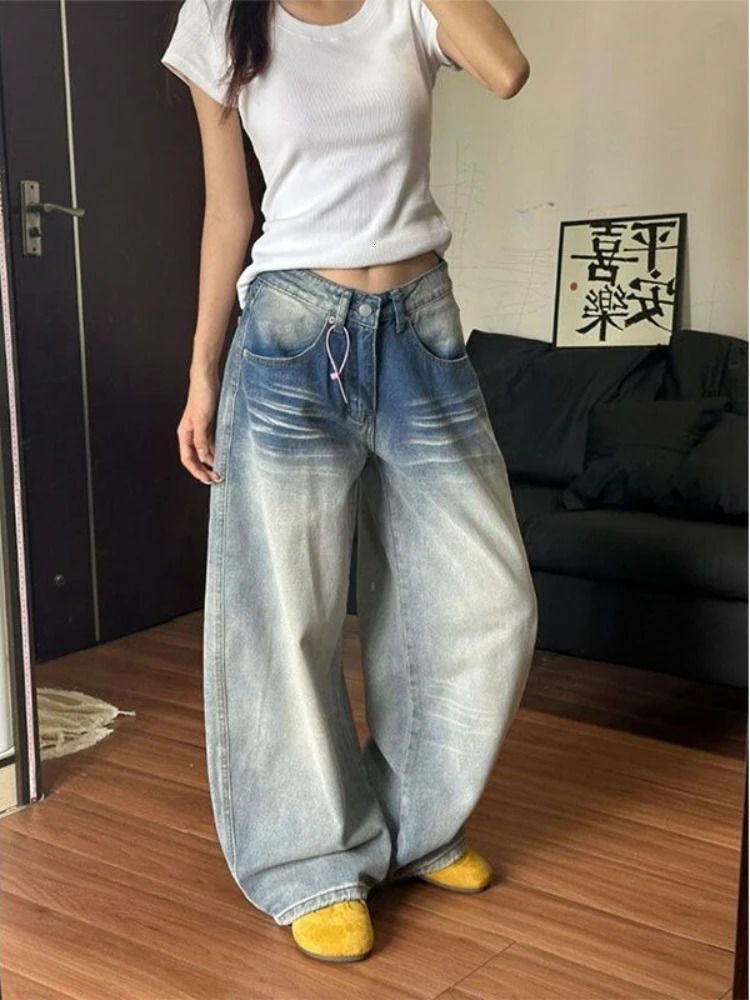 Vintage Embroidered Jeans Women American Retro Low Rise Wide Leg Pants Y2K Scimitar Pocket Denim Fall Loose Fit Strai 251020