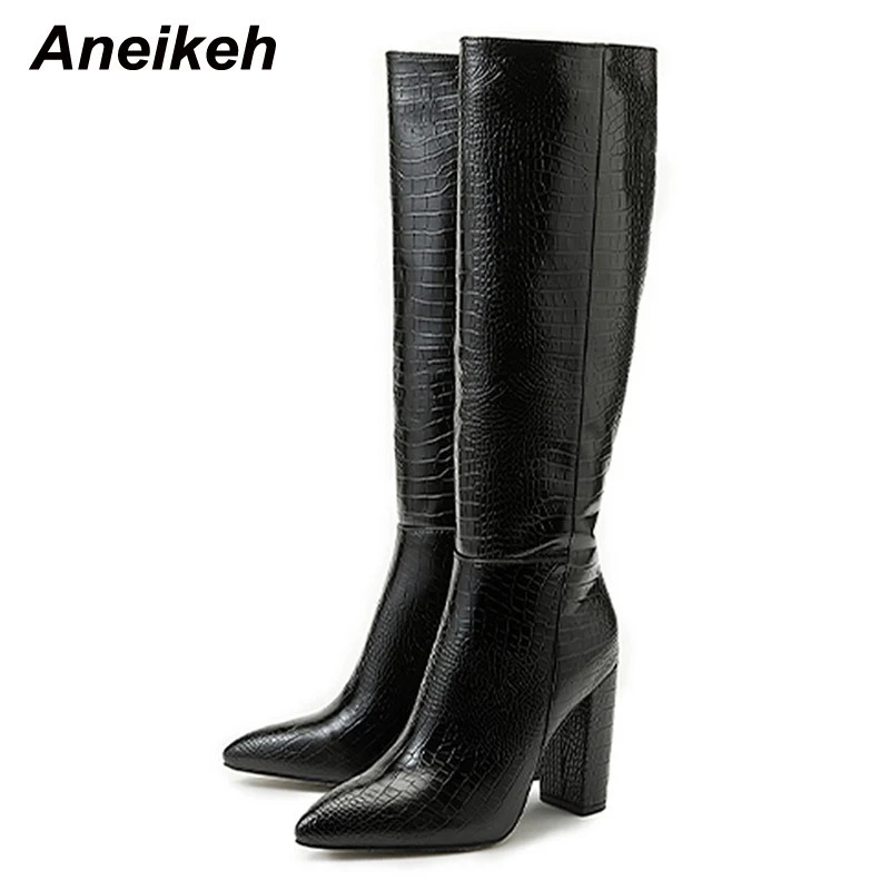 Aneikeh Pointed Thick Heels Knee Long Boots Womens 2025 SpringAutumn Patent Leather Pattern Panel Side Zipper Boots 251021