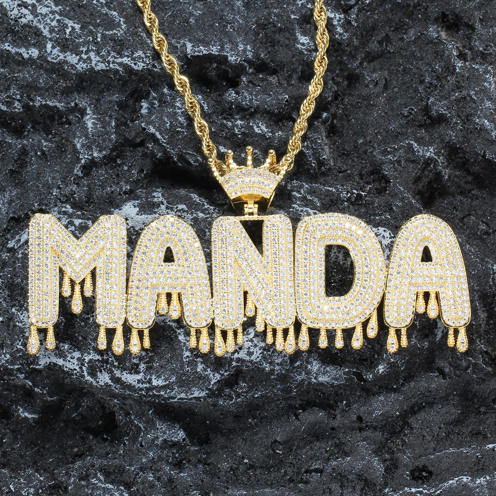 Hip Hop A-Z Custom Letter Pendant Necklace Waterdrop Leters with Crown Clasp 18K Real Gold Plated Jewelry