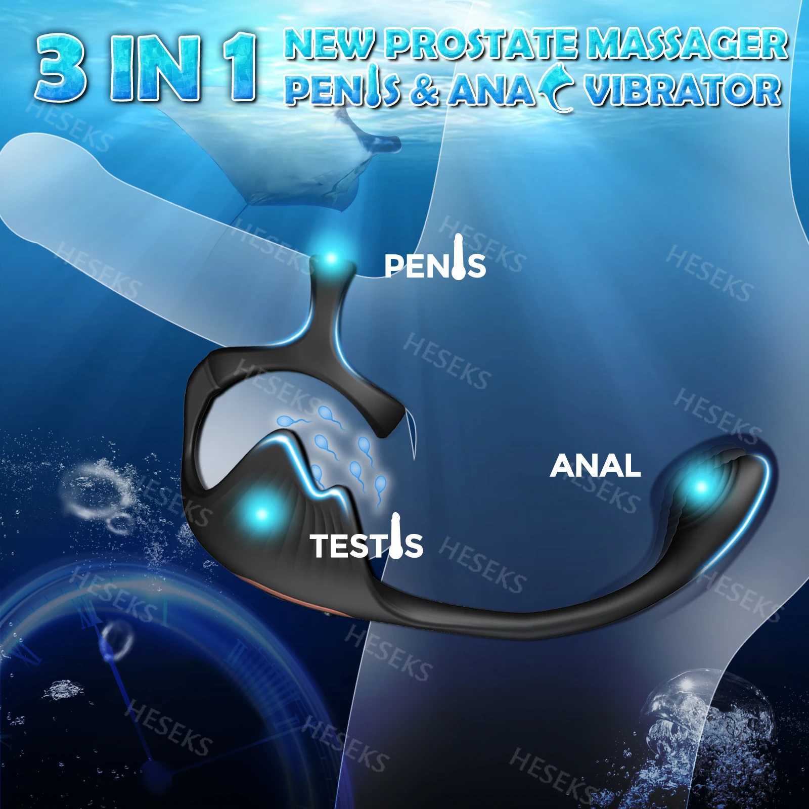 HESEKS 3 in 1 Prostate Massager Vibrating Cock Ring Anal Plug with Mini Bullet Taint Stimulator Remote Control Mens Sex Toys 18 L251021