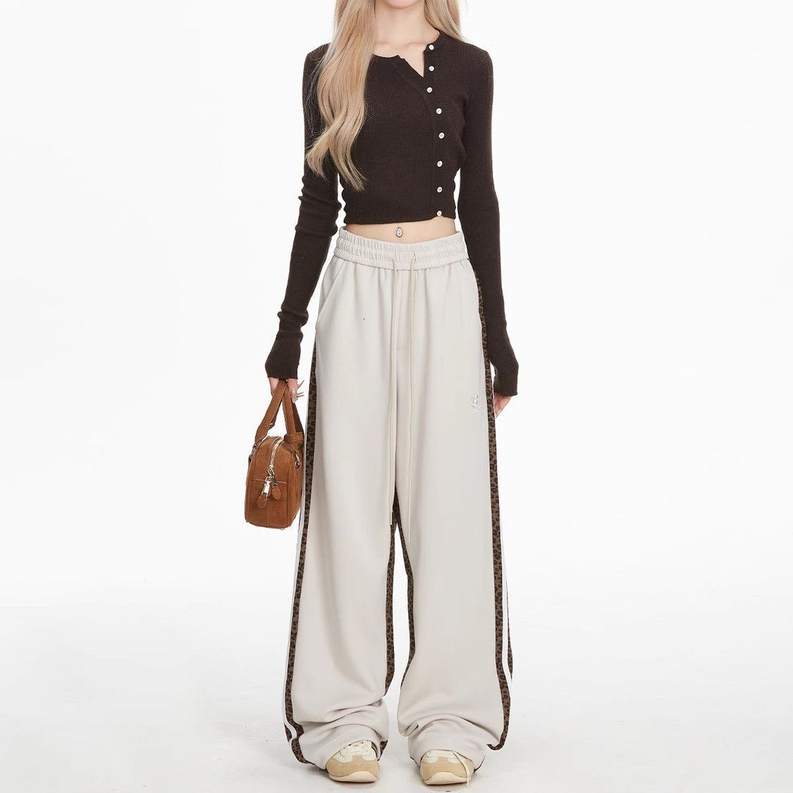 2025 leopard print wool lining designer thickened sports pants autumn and winter new retro hip-hop loose fashion brand striped sports straight leg pan