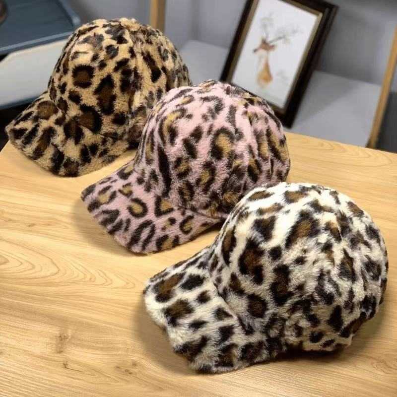 Thickened Warm Fashionable Plush Hard Top Wide Brim Baseball Cap Autumn Winter Lamb Wool Leopard Print Duckbill Cap H251020