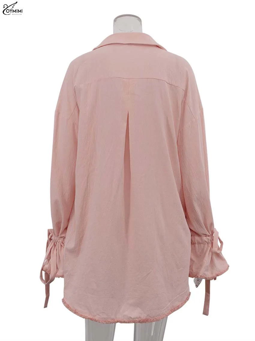 Oymimi Elegant Pink Cotton Sets For Women 2 Pieces Fashion Pockets Long Sleeve LaceUp Shirts And High Waist Ruffled Shorts Sets 251013