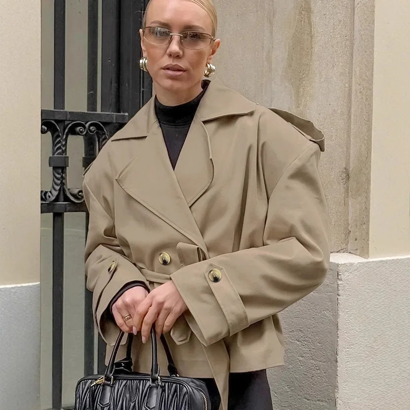 Women Fall Laceup Cropped Trench Coat Fashion Lapel Long Sleeves Wide Shoulder Windbreaker Jacket Commuting Daily Jackets 251017