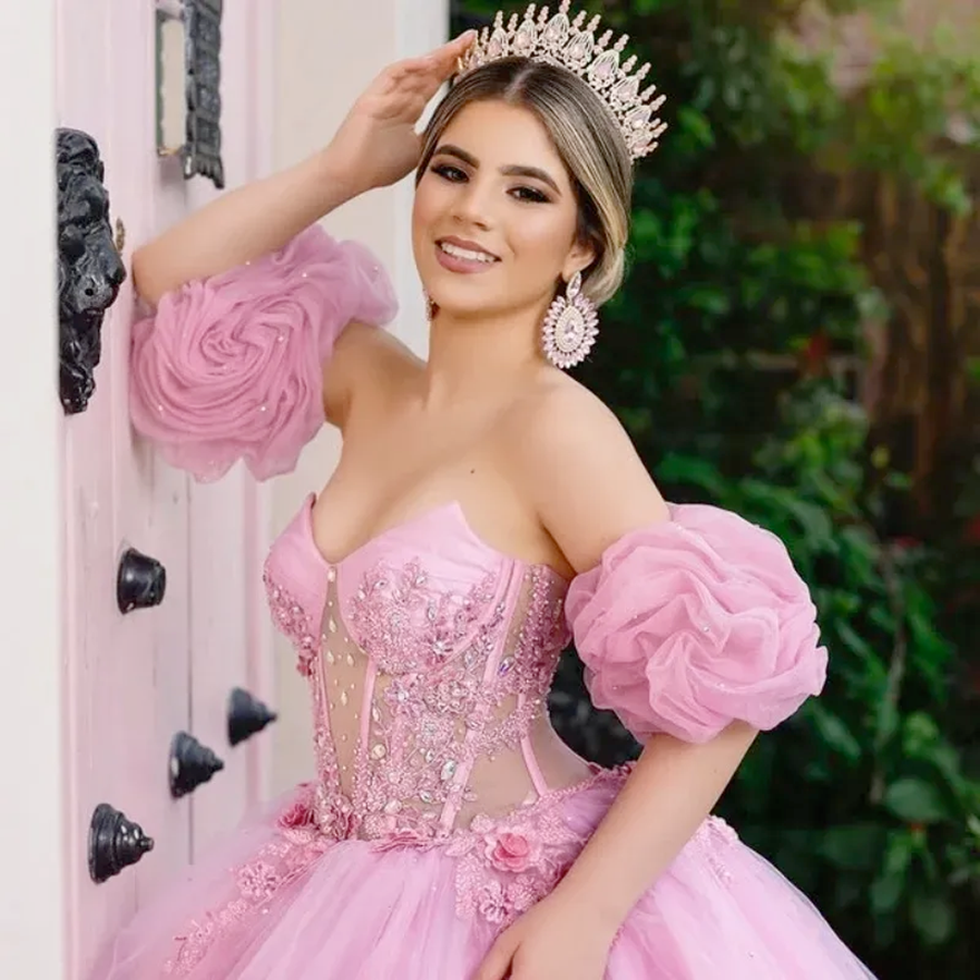 Pink Off Shoulder Quinceanera Dresses Tull Applique Flower Crystal Beading vestidos de 15 Quinceanera Sweet 16 Dress