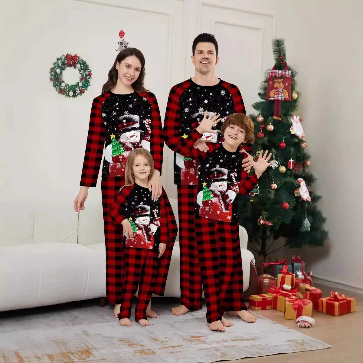 New childrens home wear set cute Christmas snowman tree print pajamas and pajama pants red and black checkered Christmas L251021BL2B