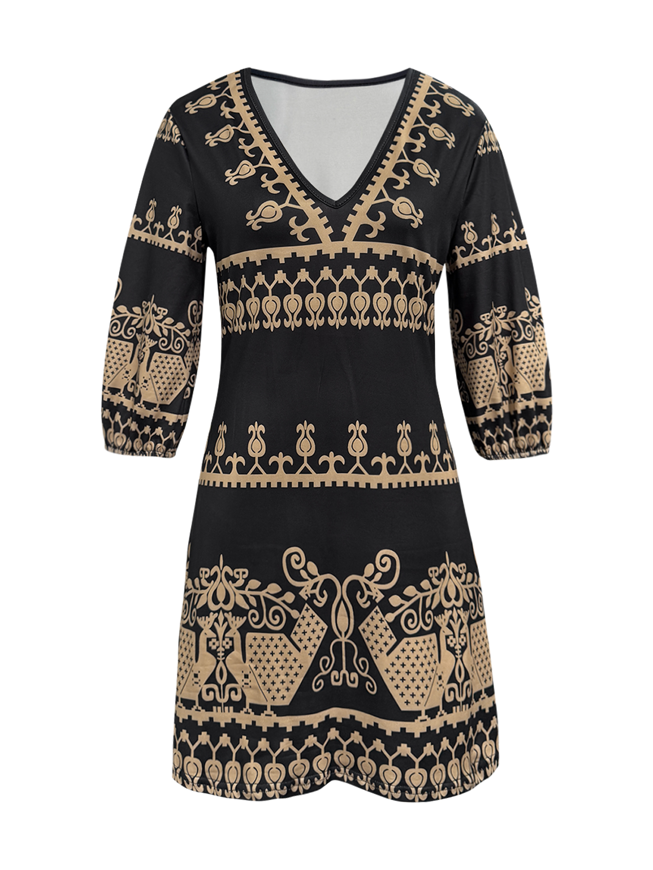 Women's Spring Summer Autumn New Ethnic Paisley Printed V-Neck 3/4 Sleeve Dress, Milk Silk Retro Elegant Office Casual Straight Dress-CF53957