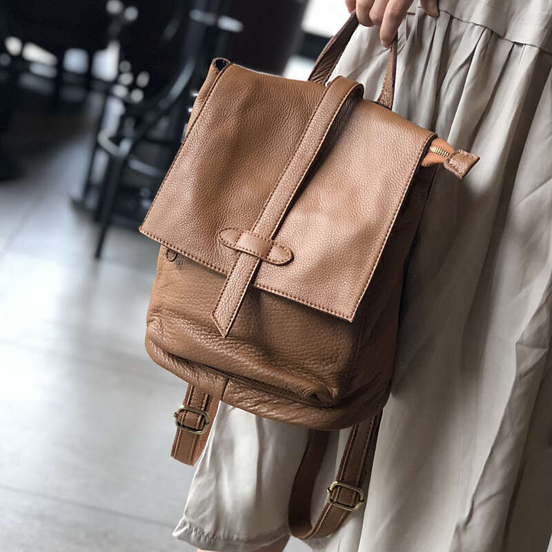 Top Layer Cowhide For Women Genuine Backpack Simple Casual Travel Soft Leather Artistic Handmade Bag High Quality