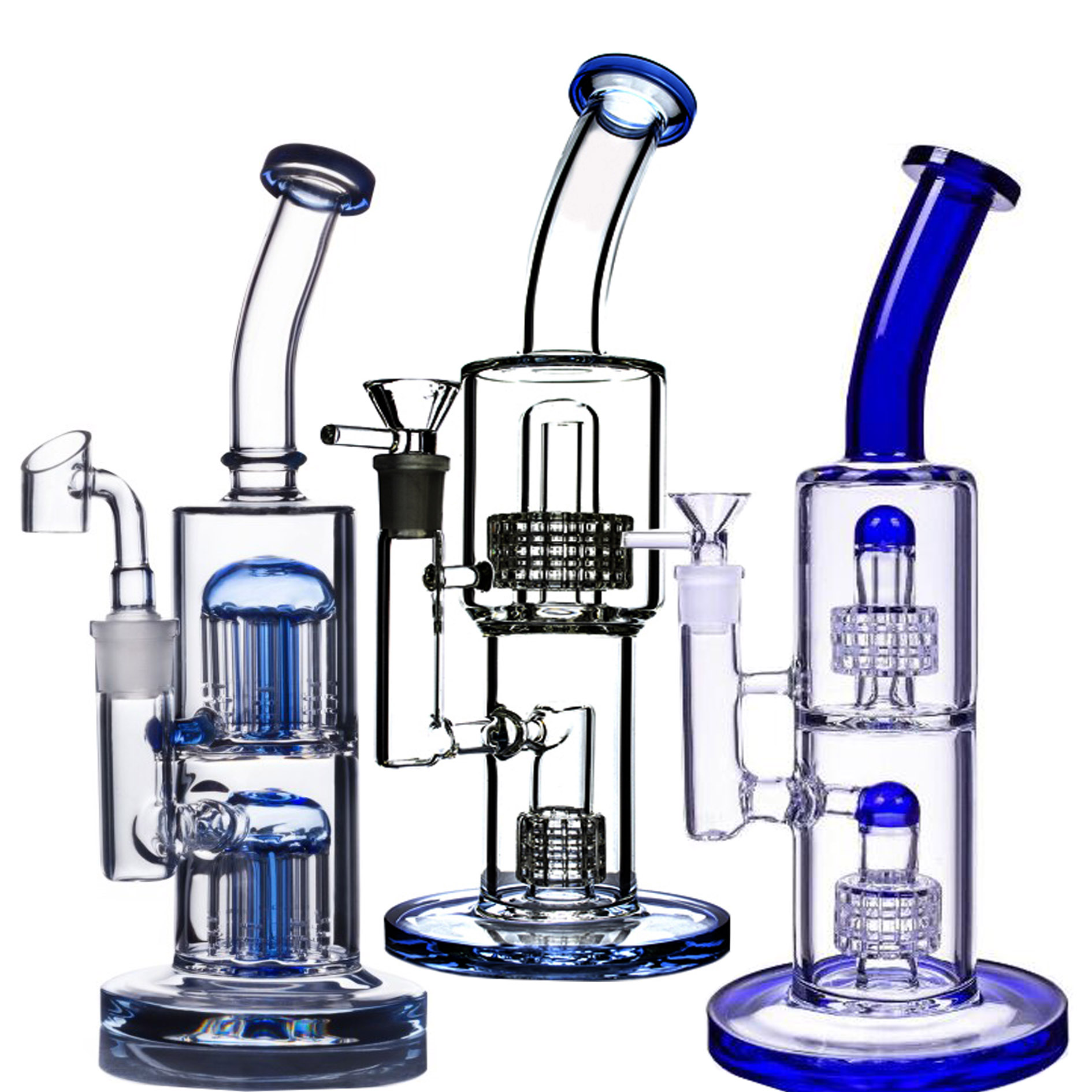 Blue Glass Bong Double Matrix Perc Smoking Water Pipes Hookahs Bubbler Glass Water Bongs Recycler with 14mm Joint