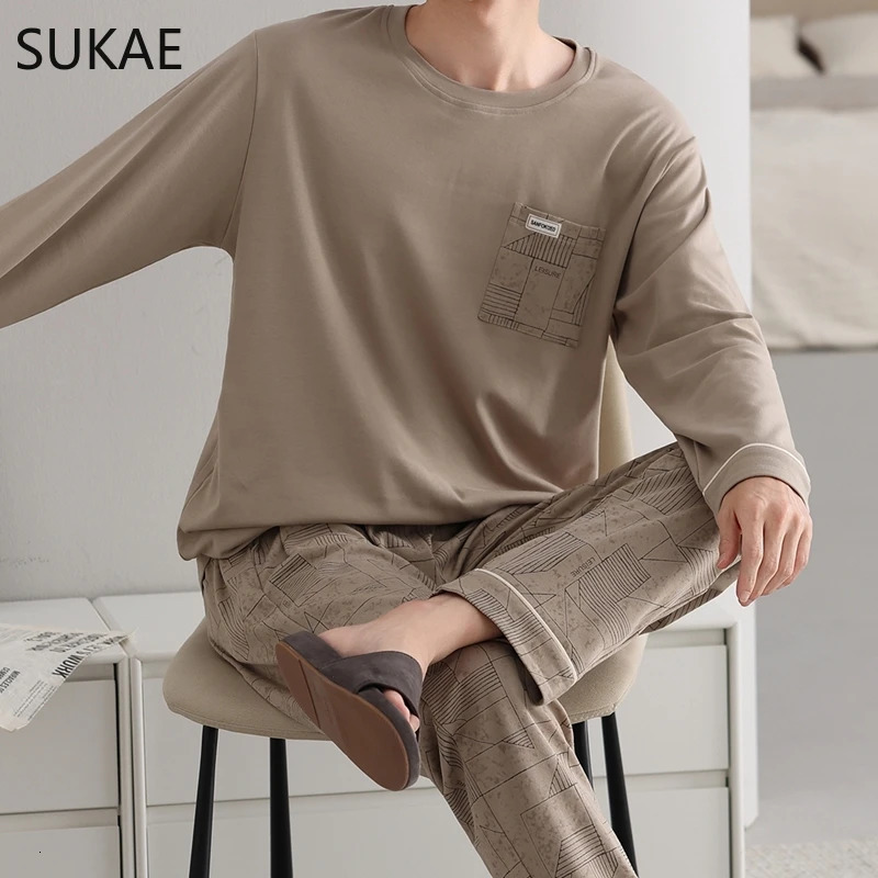 SUKAE Smart Casual Boys Big Pajamas Set Autumn Winter Cotton Nightwear for Big Guys L6XL Plus Size Business Mens Loungewear 251021