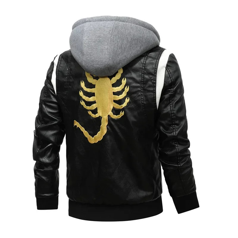 Men Winter Driving Leather Jacket Men Scorpion Embroidered Hooded Jacket PU Leather Motorcycle Jacket 251020