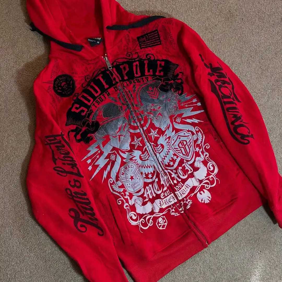 Red Gothic Hoodie Y2K Harajuku Retro Pattern Oversize Zipper Hoodie Men Women Hip Hop Personality Casual Sweatshirt W251021