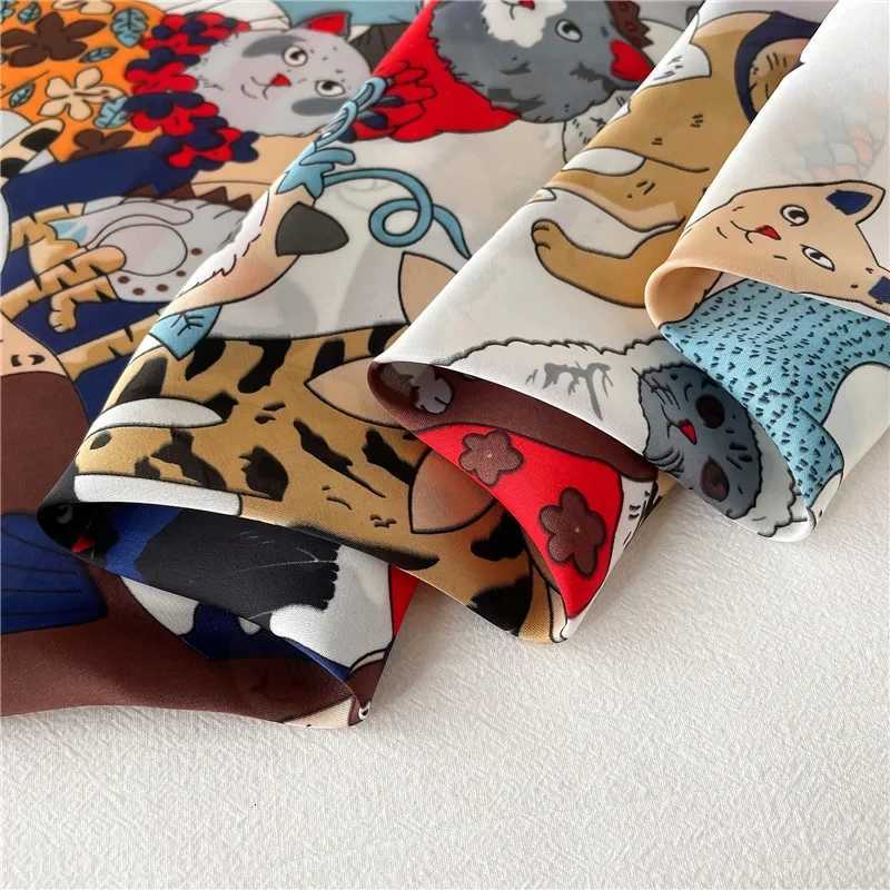 Luxury Brand Cartoon Cat Square Imitation Silk Scarf Spring and Summer Head Wrap For Women Multifunction Neckerchief W251021