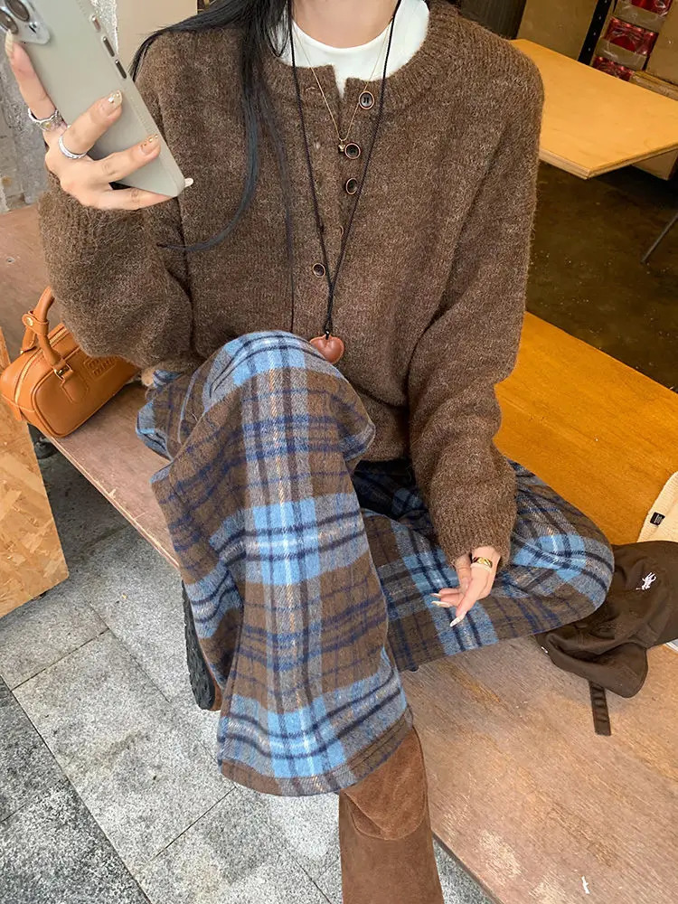 Retro Blue Plaid Drawstring Laceup Wide Leg Pant Autumn Winter High Waist Loose Pleated Straight Trousers Streetwear Casual Y2k 251020