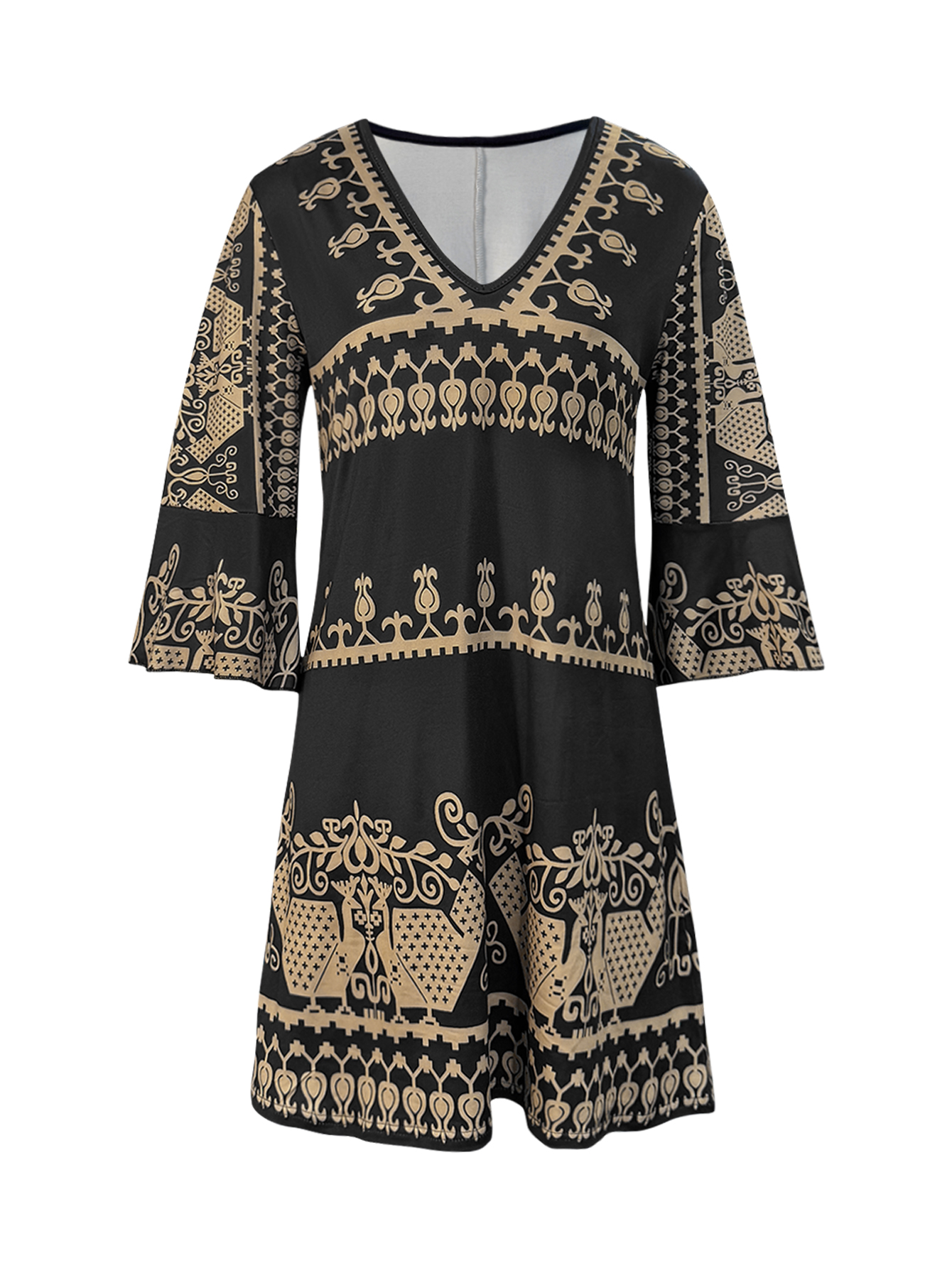 Women's Autumn & Winter New Ethnic Style Muslim Fashion Retro 3/4 Sleeve Dress, Milk Silk Casual Versatile Dress (S-XXL, Black)-CF53890