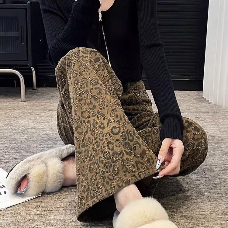 2025 Fashion American New Autumn/Winter High Street Leopard Pattern Women's Jeans Straight Tube Wide Leg Luxury Pants Designer Pants