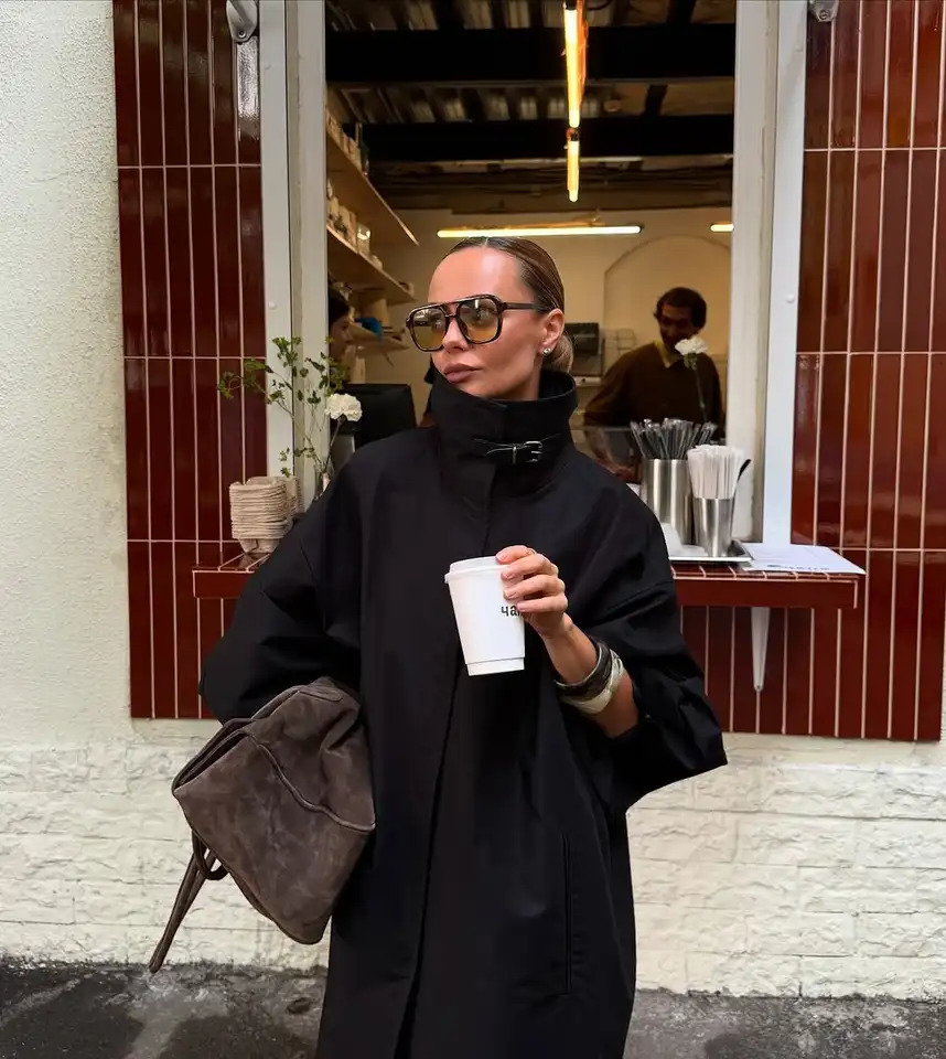 Black Stand Collar Long Trench Coat Women Chic Singlebreasted Sleeve Windbreaker Autumn Daily Lady Commute Jacket 251017