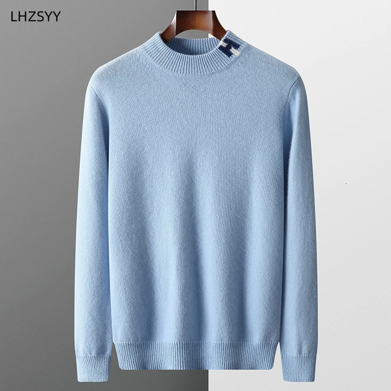 LHZSYY Mens Cashmere Sweater Autumn Winter SemiHigh Neck Pullover Warm Color Matching Knit Base Shirt Loose Thicken Jumper 251020