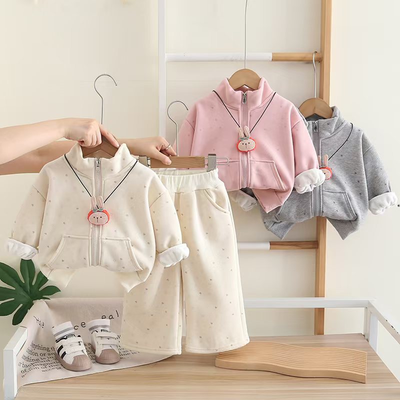 luxury kids clothing girls 2025 New Girls Fleece-Lined Jacket Set 2-Piece, Cute Winter Outfit for Baby Girls, Versatile Warm Coat & Pants Ensemble