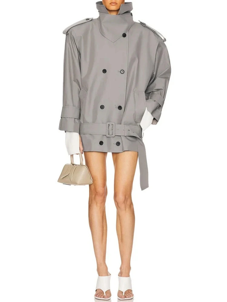 Winter Sexy Lapel Neck Double Breasted Slim Coat With Belt Women Gray Long Sleeve Button Jacket Windbreaker Evening Party 251013