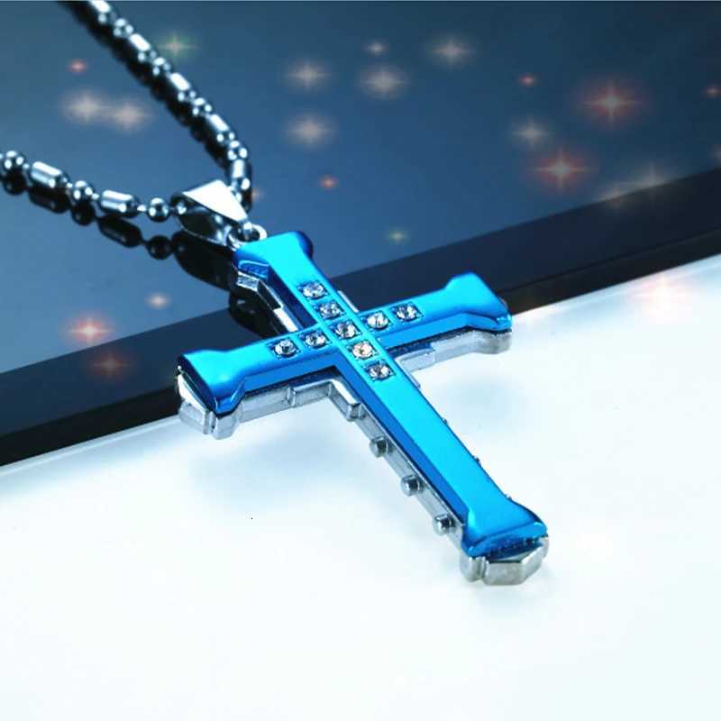 2025 SUMENG New Mens Crystal Cross Jesus Pendant Gold/Black/Blue Color Zirconia Necklace Stainless Steel Jewelry XJ250717