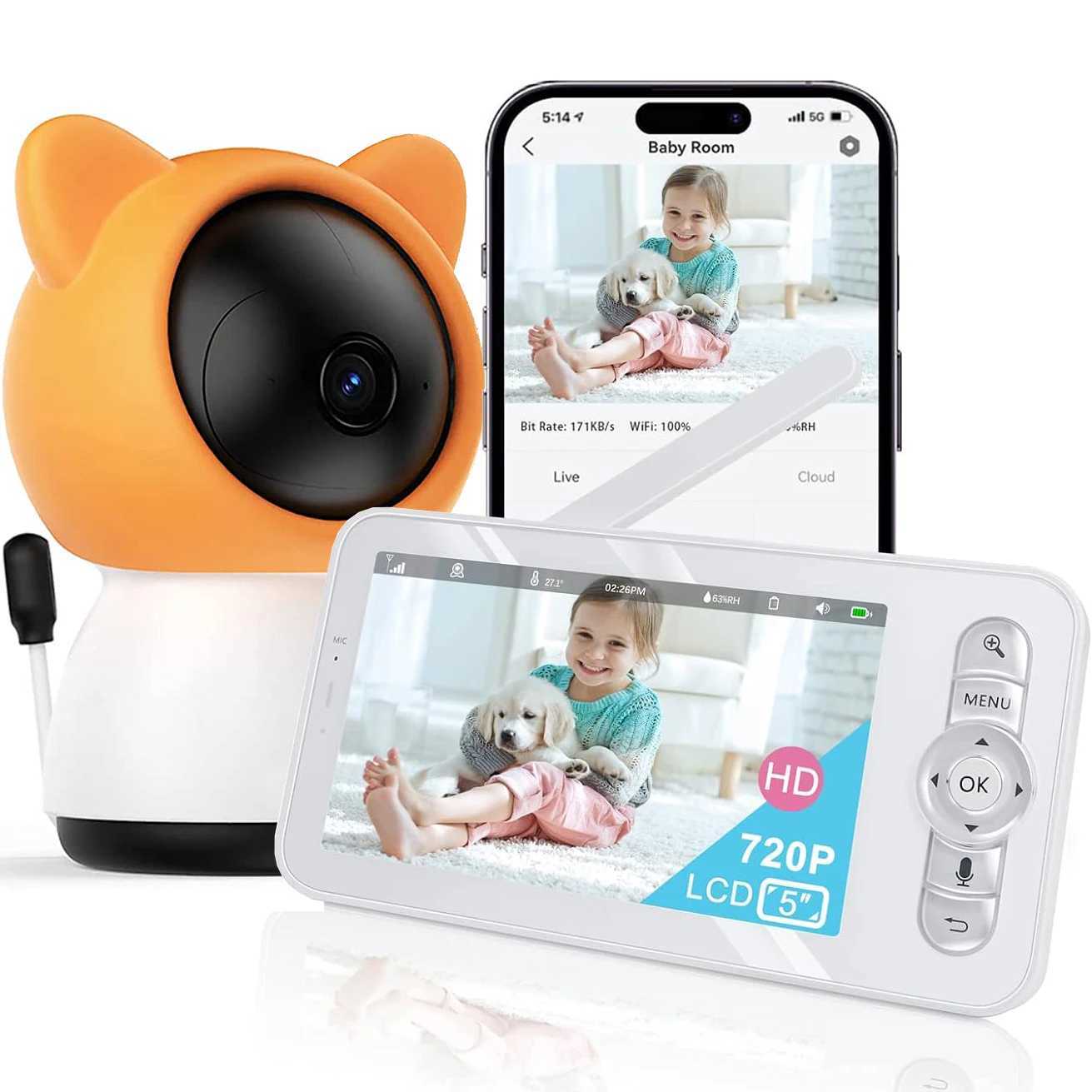 2K3MP 5inch Wireless Baby Monitor Smartphone App IR Night Vision Crying Detection Auto Tracking TempHumidity Sensor J251121
