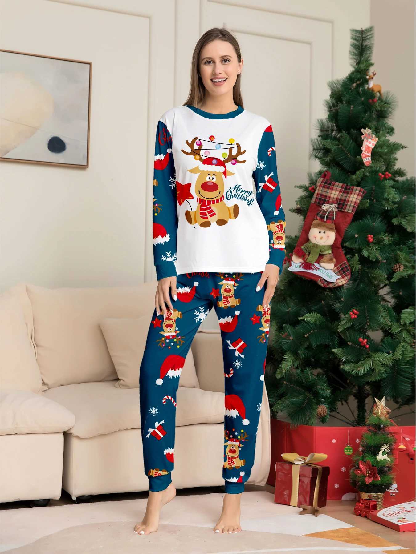 Christmas Family Pajamas Matching White Navy Set with Reindeer Lights Prints L25102134WD