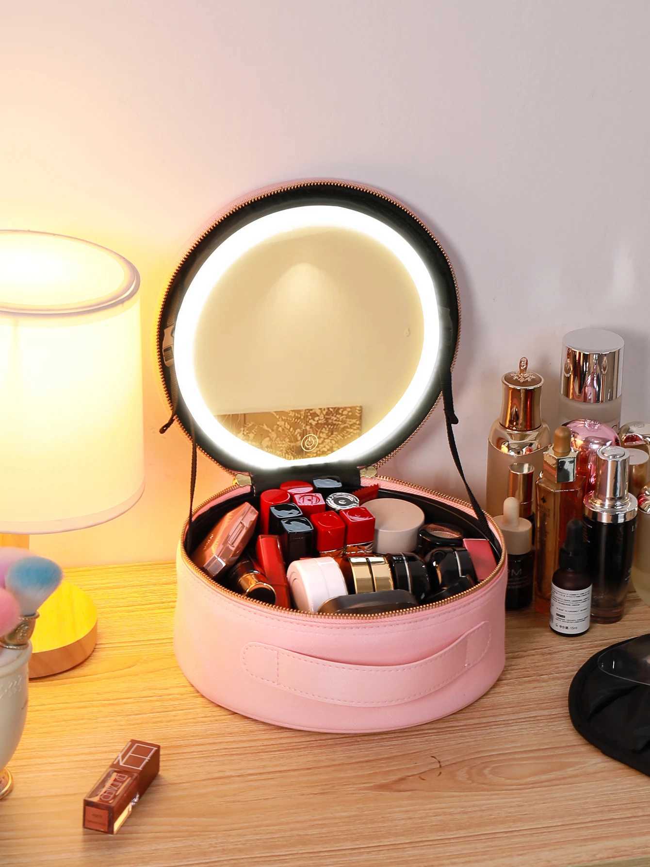 Travel PUMakeup Bag With Led Mirror Portable Cosmetic Bag With Mirror And Light Travel Rechargeable Makeup Bag With Led LightsW251021