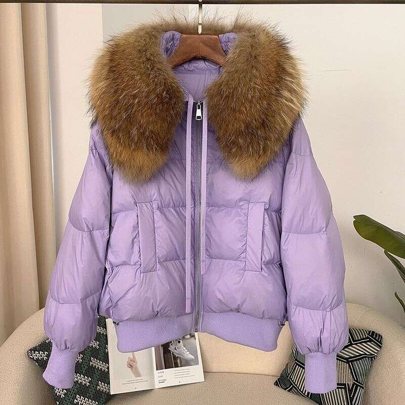 Women Clothing Ready to stock detachable oversized raccoon fur collar winter women short thickened white duck Warm jacket flat coat
