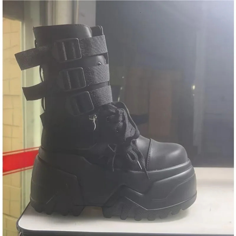 Women Ankle Booties Autumn Leather Chunky Shoes Woman High Platform Breathable Sneakers 9CM Thick Sole Wedges Motorcycles Boots251020