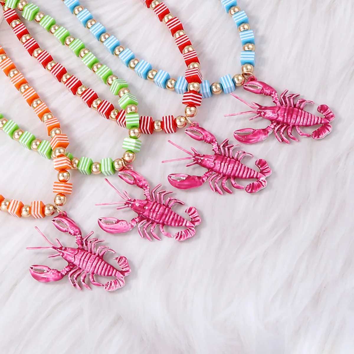 Trendy Bohemian Beach Colorful Handmade Beaded Alloy Lobster Pendant Necklace XJ250717