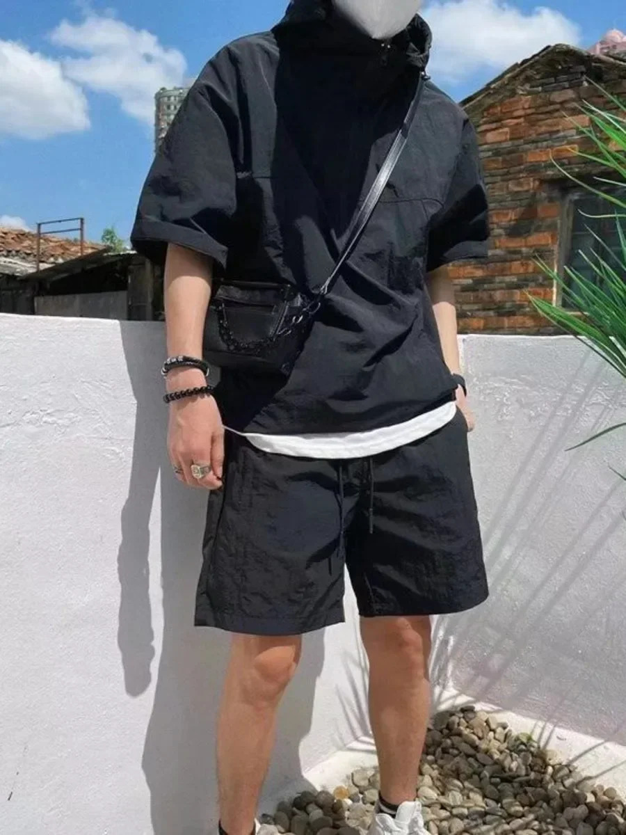 Summer Cargo Hooded Tracksuit Short Sleeve Tshirt Zipped and Shorts Outfits Quick Drying Solid Casual Outdoor Sport Clothes Set 251021