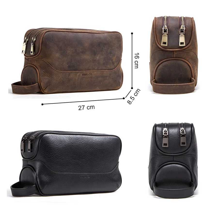 CONTACTS crazy horse genuine leather mens cosmetic bag male toiletry bag vintage wash bags mans make up bags travel organizerW251021