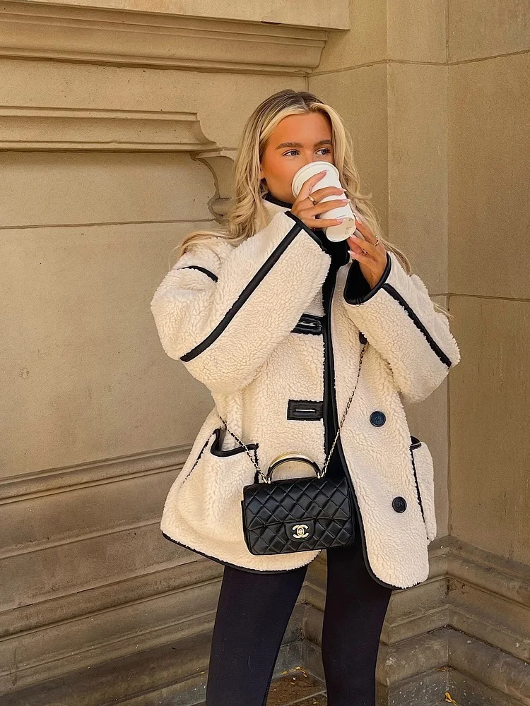 PBZA womens autumn and winter fleece jacket stand up collar single breasted loose warm teddy top 251021