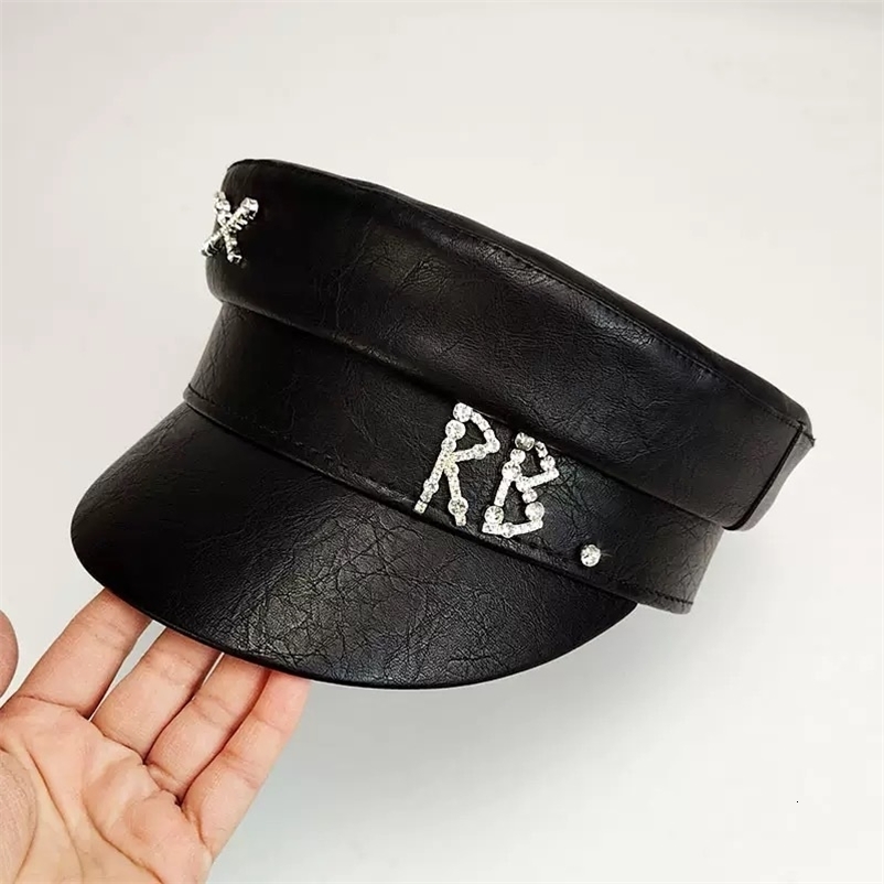 Fashion PU sboy Hat For Women Diamond Letter Flat Top Cap Solid Color Militray Hat Fashion Street Style Navy Hat 251016