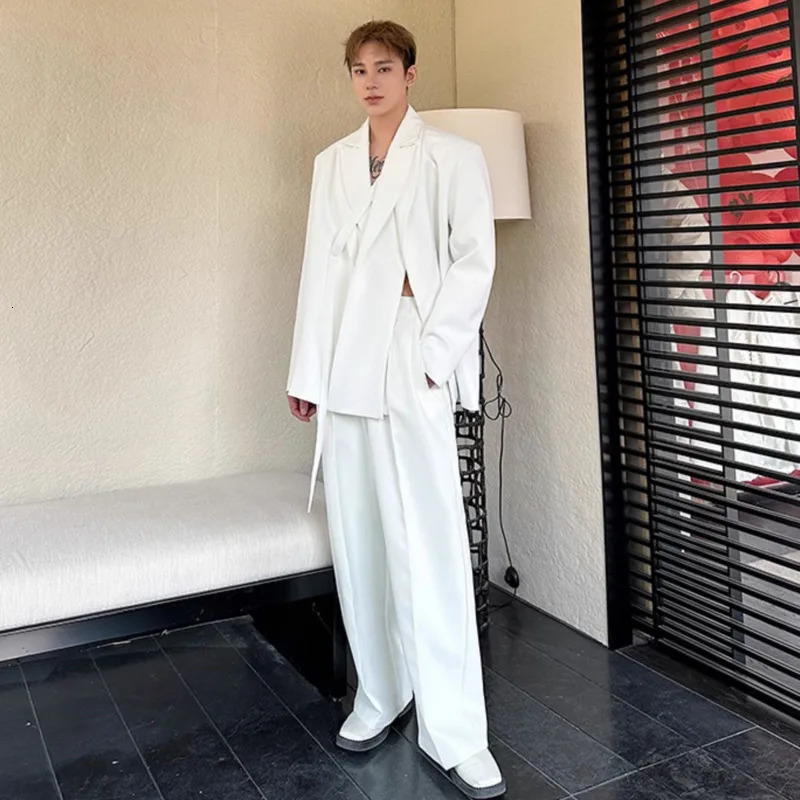 IEFB Niche Mens Twopiece Solid Color Double Layers Collar Laceup Blazer Casual Straight Leg Male Suit Pants Chic 9W679 251021