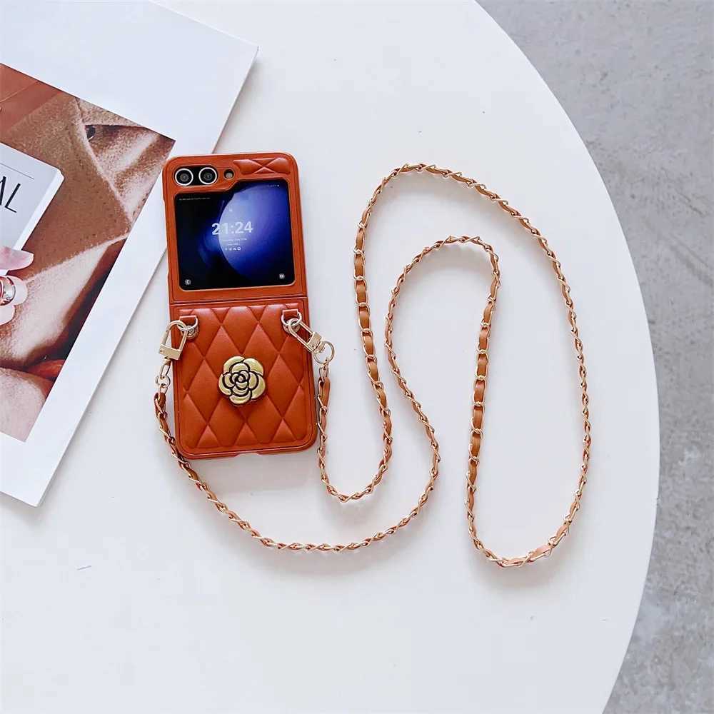 Leather Crossboby Phone Case for Galaxy Z Flip 7 6 5 4 3 Flip5 Flip4 Flip7 5G Chain Cord Rope Strap Shockproof Cover J251114