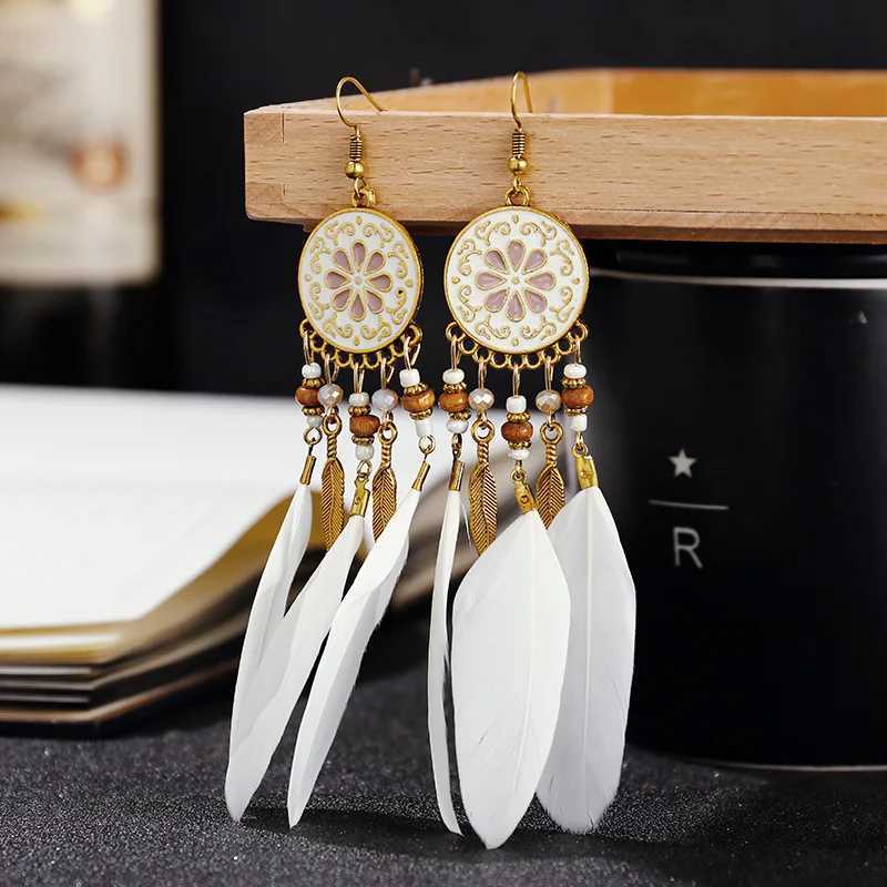Boho Long Feather Dangle Womens Earrings Beach Long Tassel Beads Handmade Flower Enamel Earrings Bride Wedding Pendientes Mujer J251021