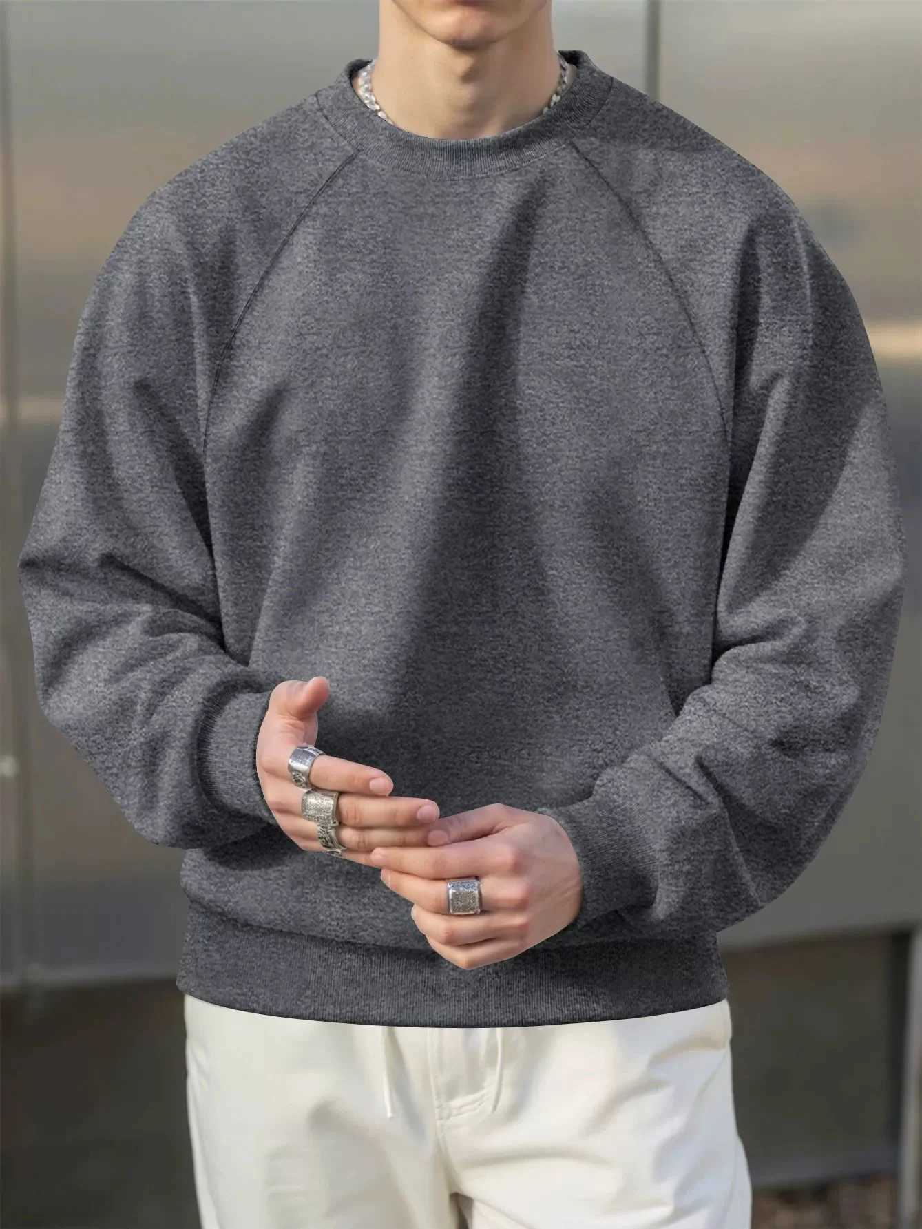 Spring and autumn mens roundneck pullover sweater with added insulation and thickness 250g loose fit large size with shou W251021