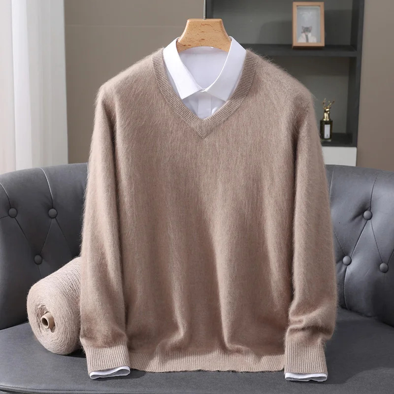 Mens 100 Pure Mink Cashmere Sweater Vneck Pullover Knit Bottoming Shirt Autumn And Winter LongSleeve HighEnd Mink Tops 251020