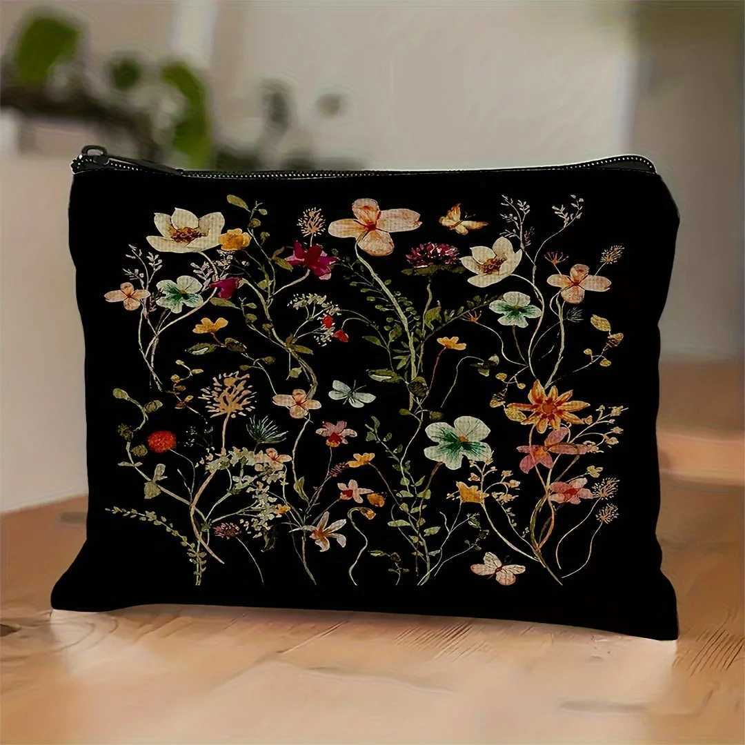 Durable Polyester Chic Black Floral Makeup Bag with Zipper Versatile for Travel Vacation Business Outdoor Use Cosmetic PouchW251021