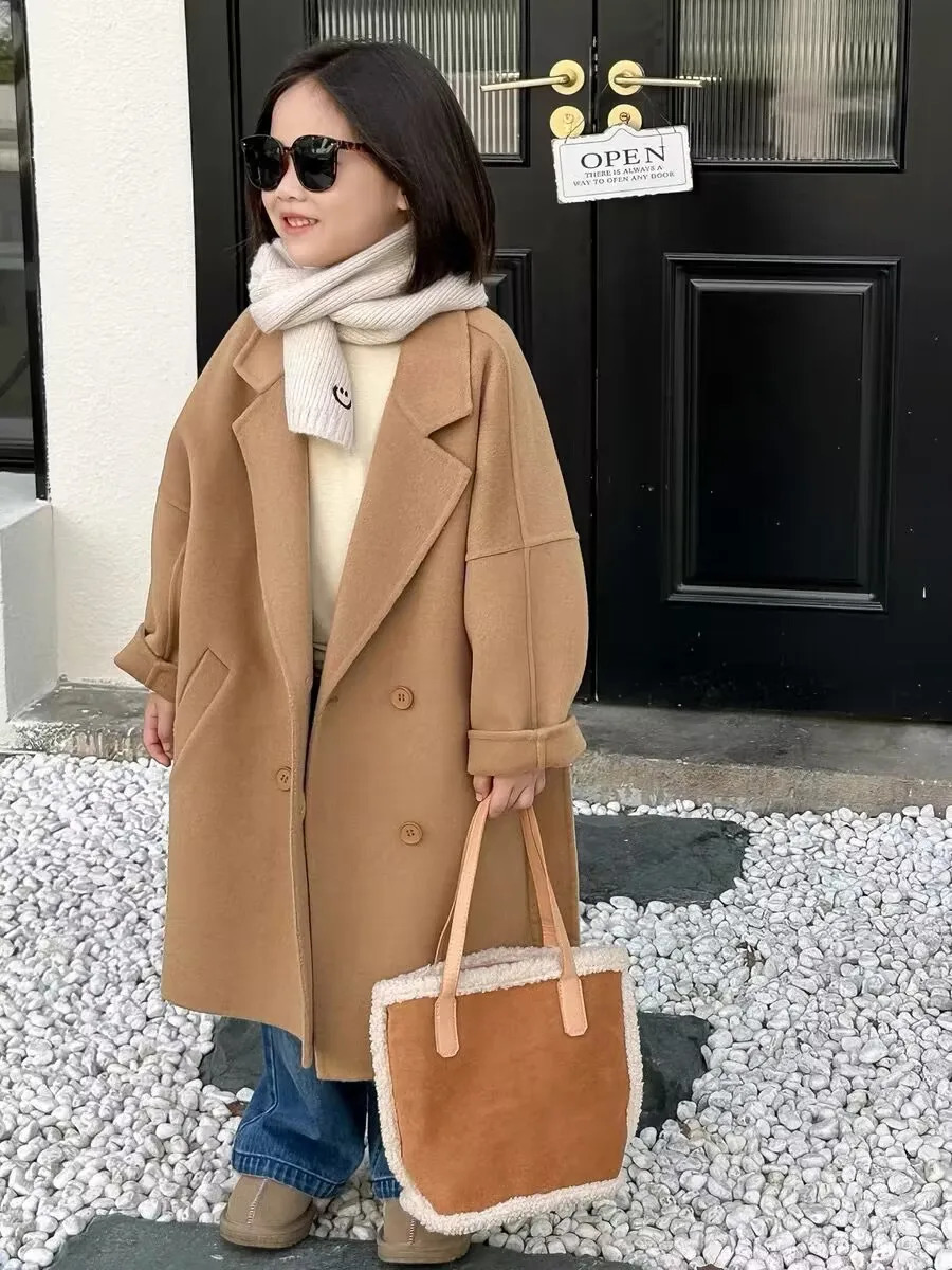 Childrens Double sided Cashmere Coat AutumnWinter Girls Woolen Medium to Long Jacket 90150cm 251017