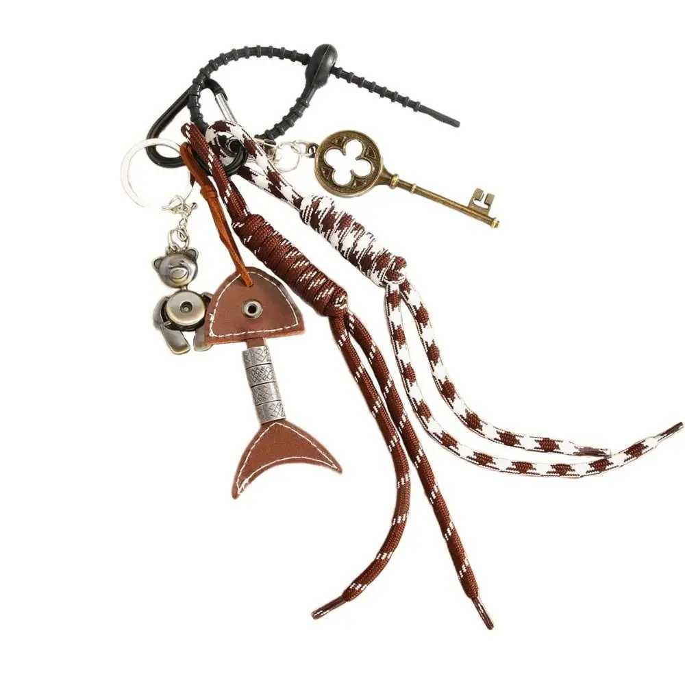 PU Leather Fishbone Keychain Handmade AntiLost Vintage Bear Key Pendant Girl Heart Trinket Woven Ropes Keyring W251021